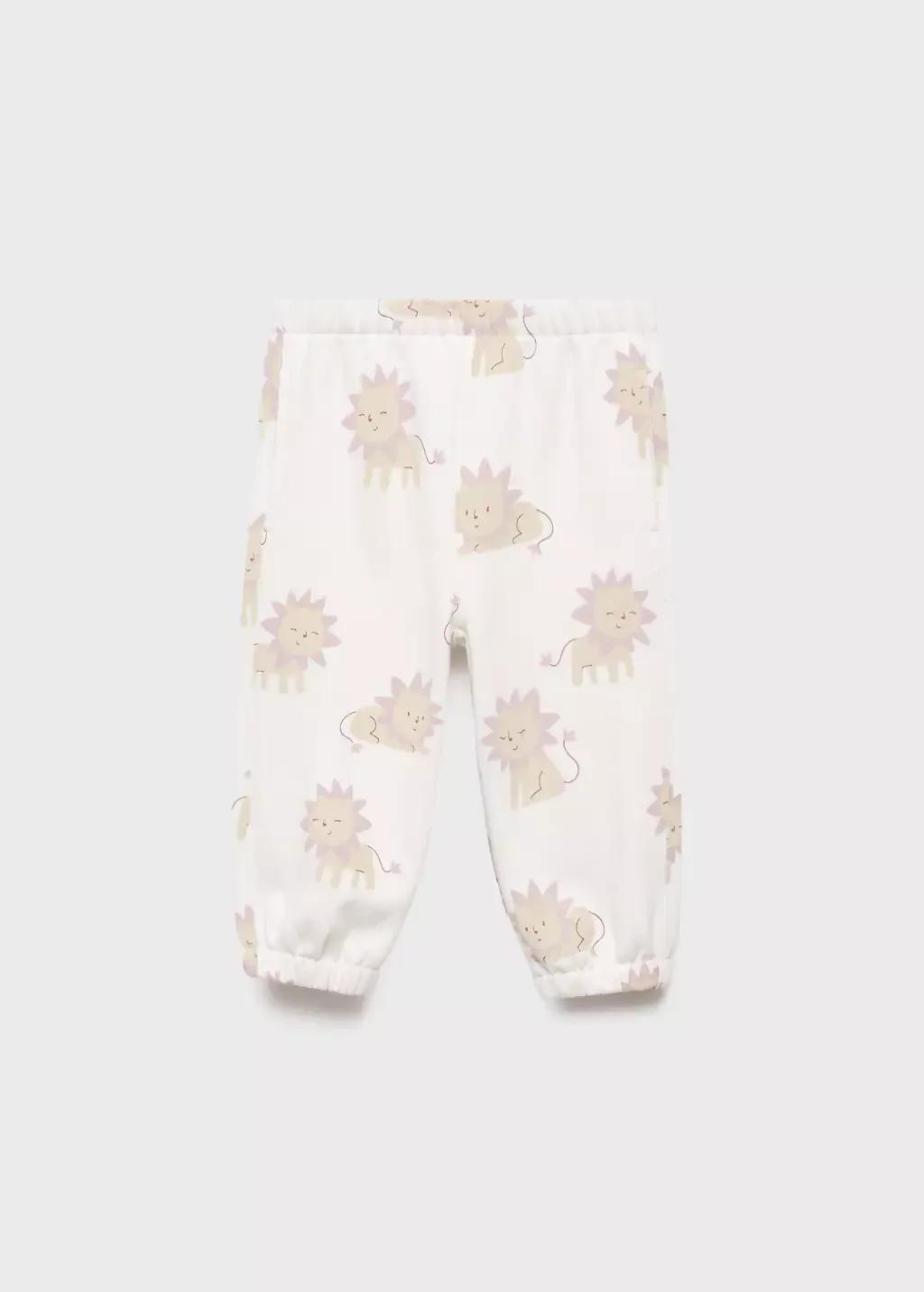 White Printed Cotton Joggers, Baby Girls, Natural White, medium