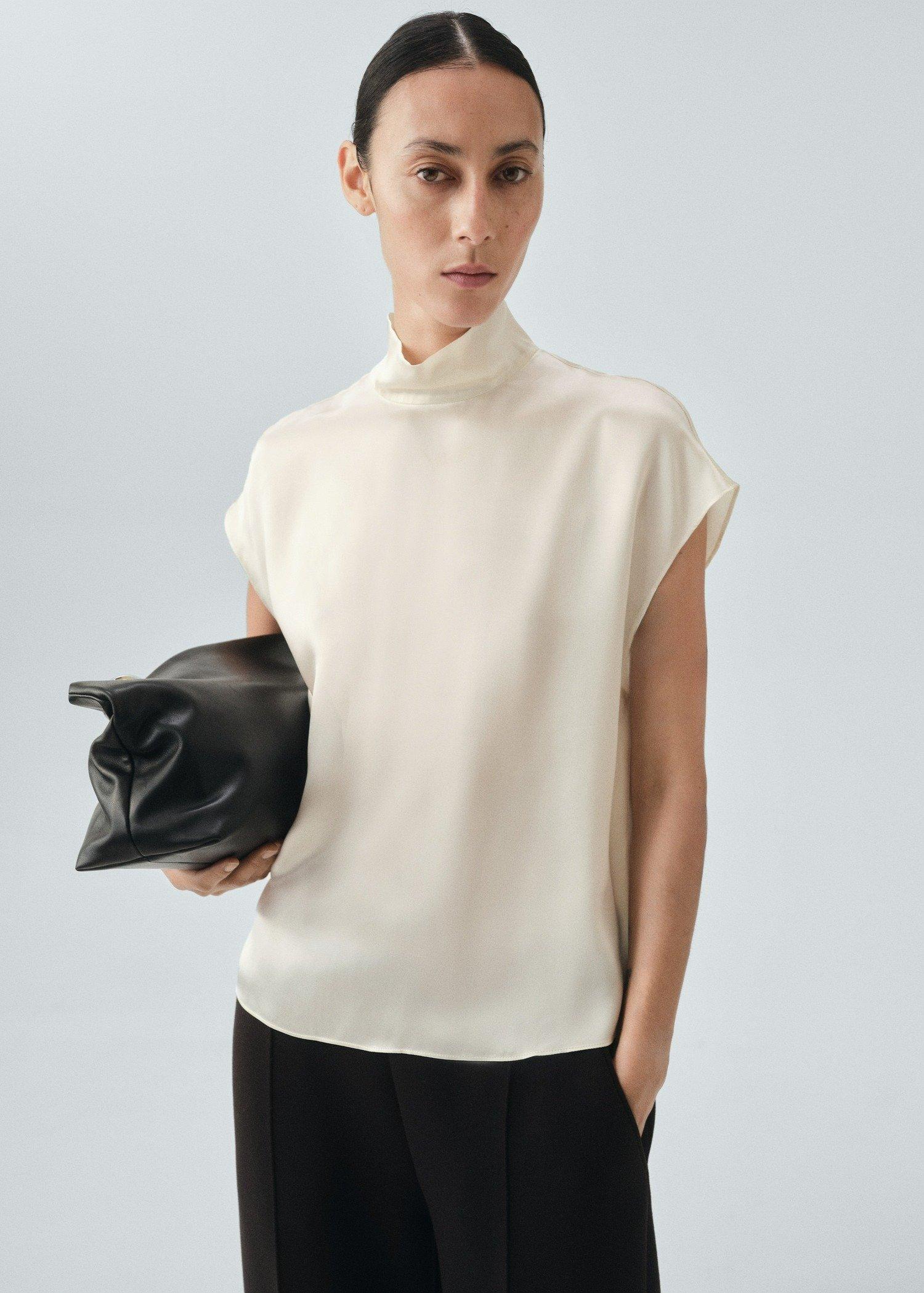 Beige Collared Satin Blouse, , large image number 0