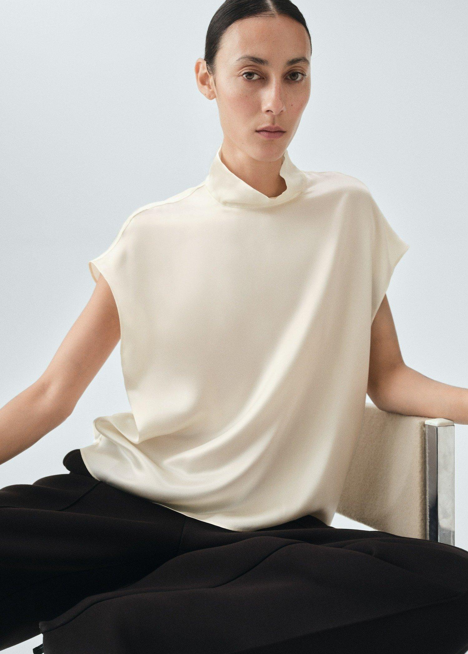 Beige Collared Satin Blouse, , large image number 1