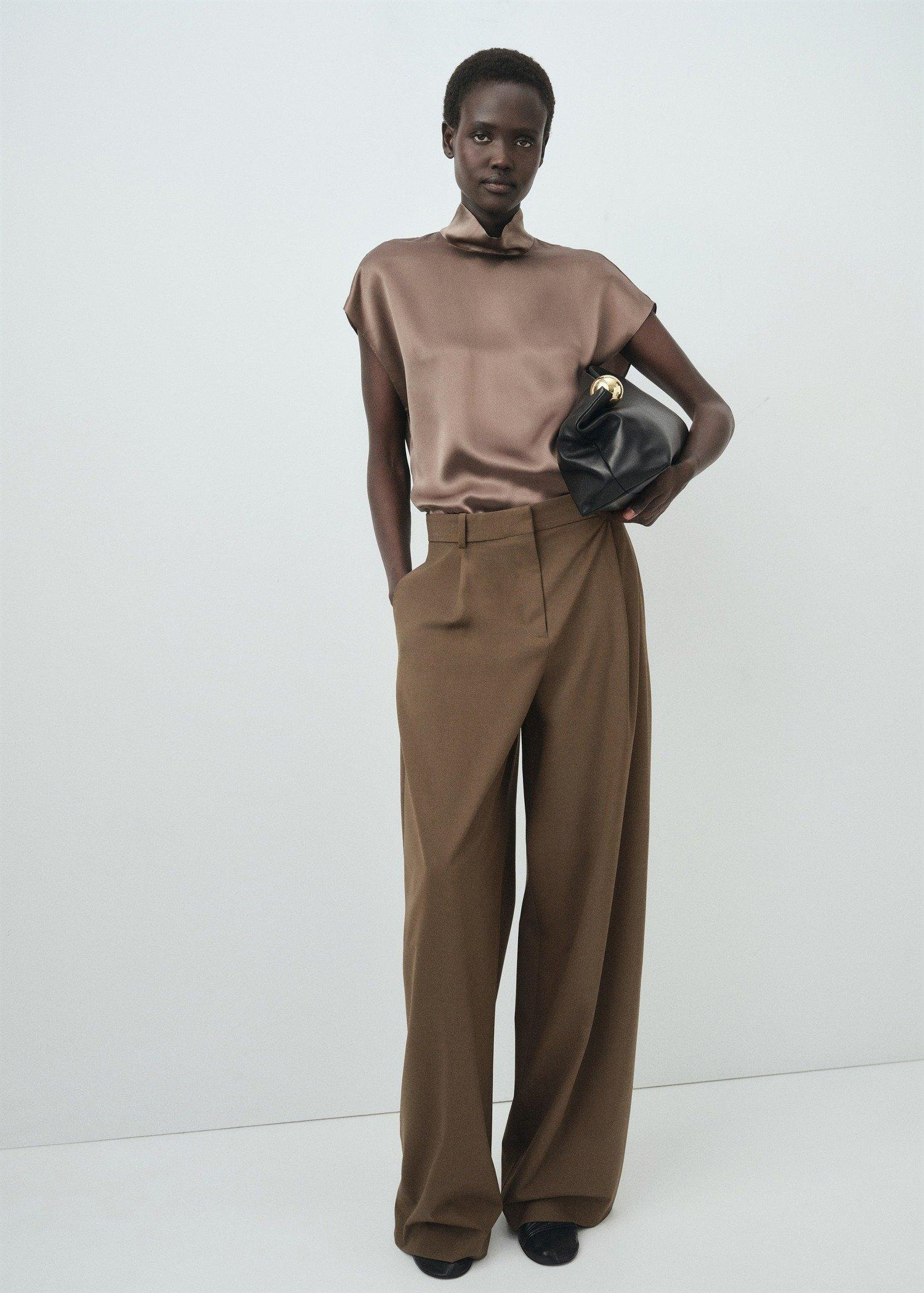 Brown Collared Satin Blouse, , large image number 0