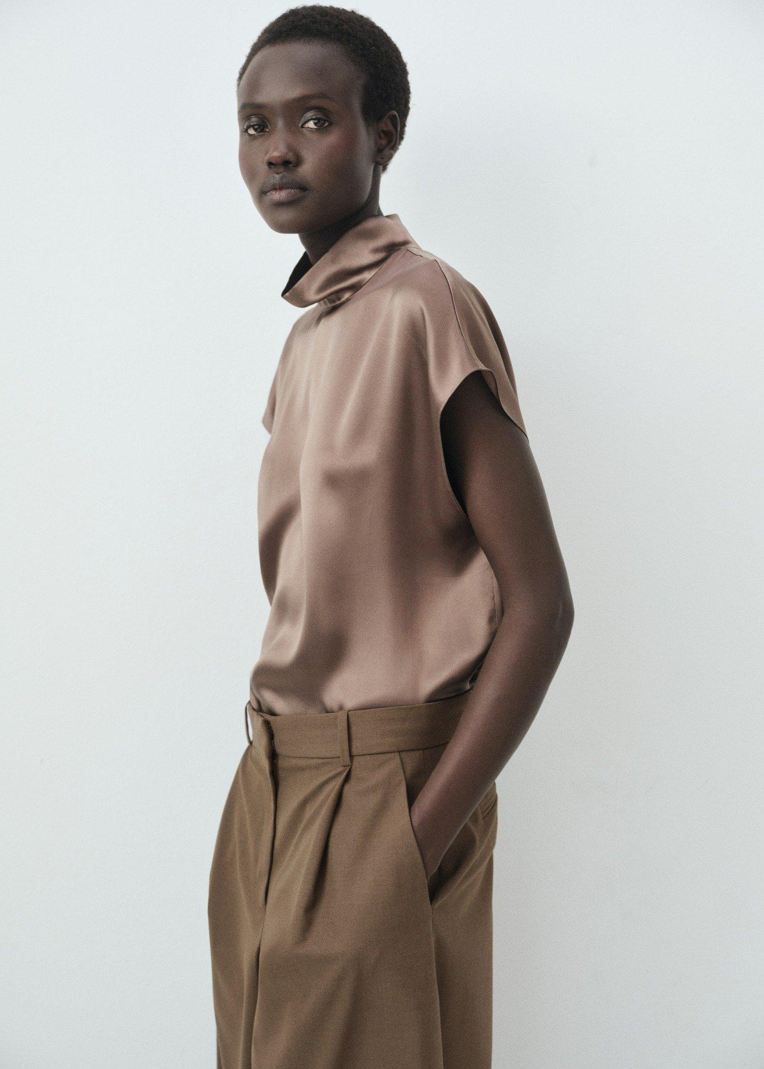 Brown Collared Satin Blouse, , large image number 2