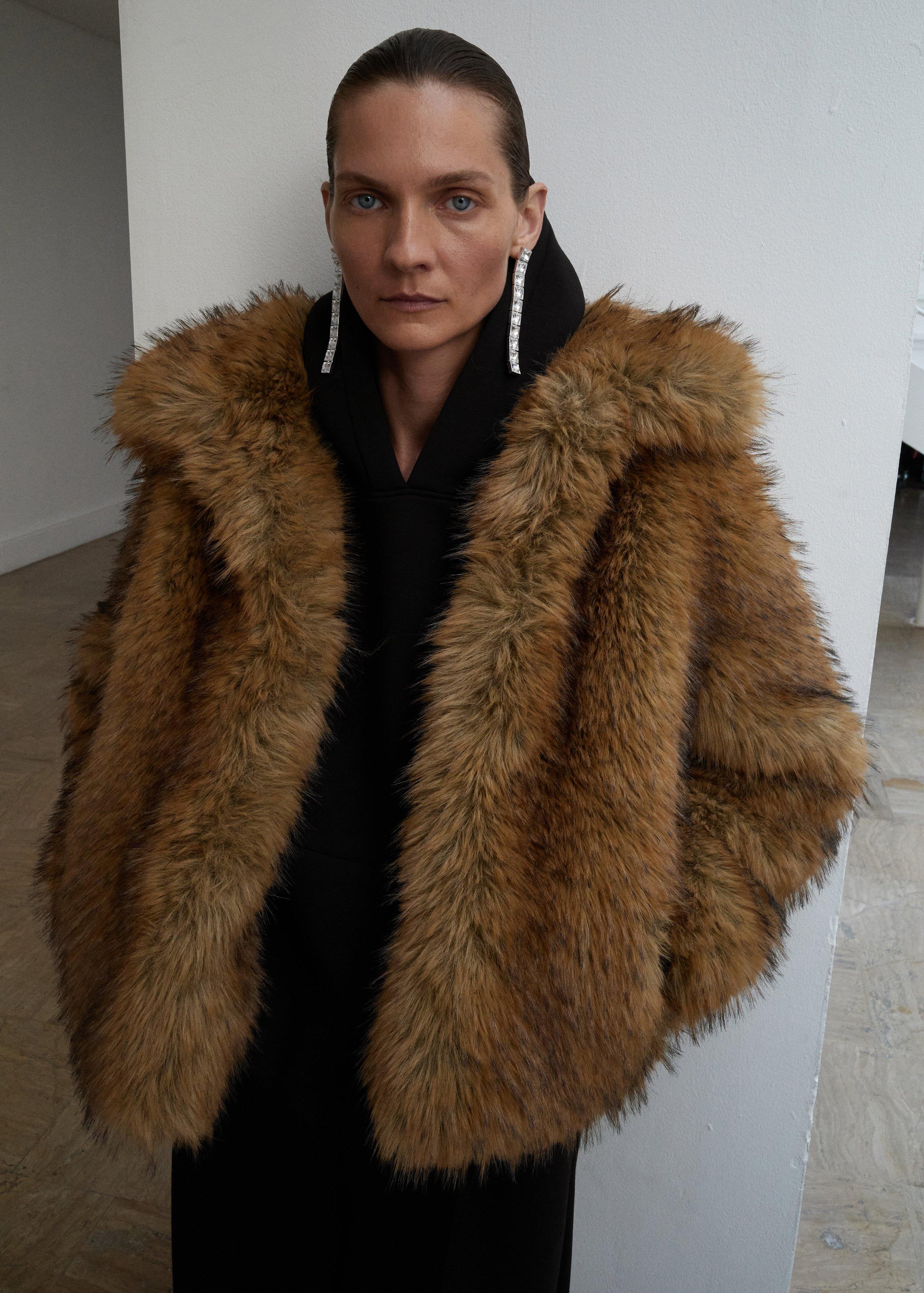 Brown Jacket With Fur Effect And Lapel Collar, , medium