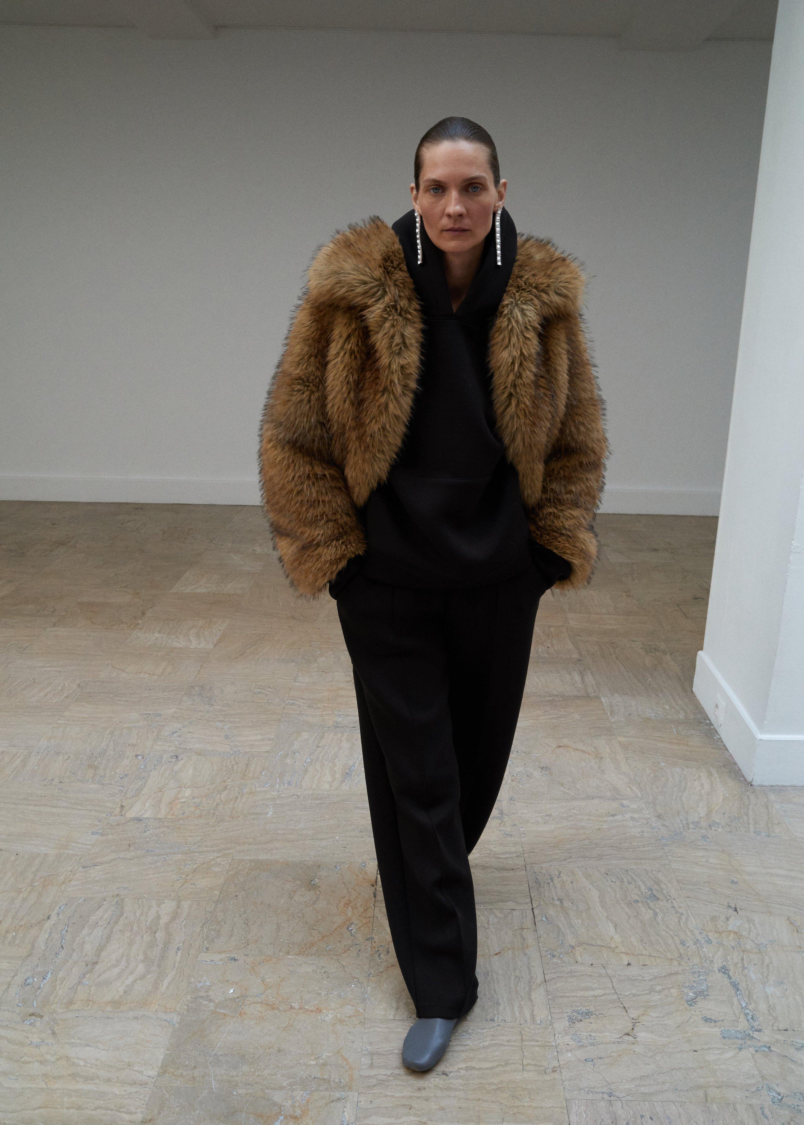 Brown Jacket With Fur Effect And Lapel Collar, , large image number 1