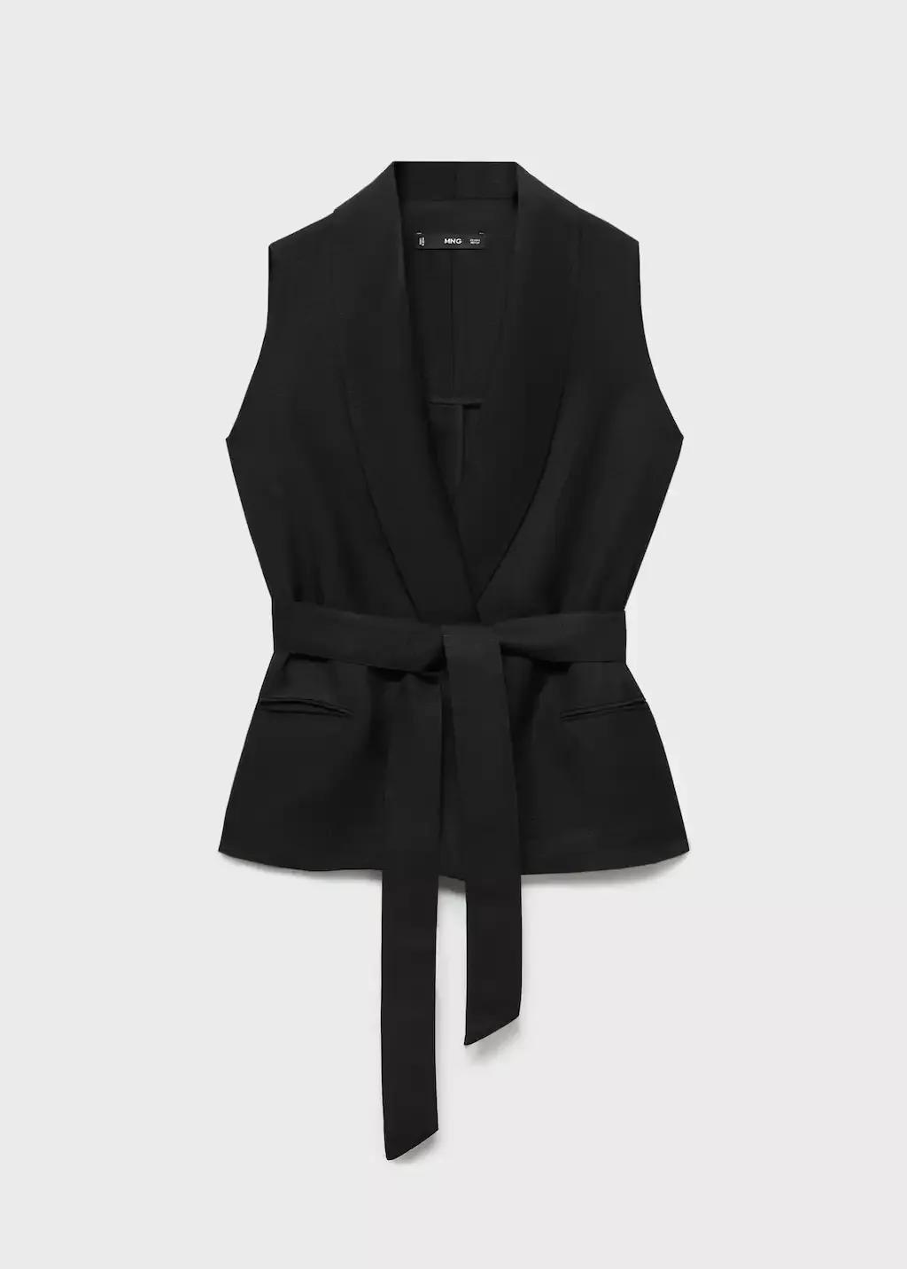 Black Linen Suit Waistcoat With Belt, Black, medium
