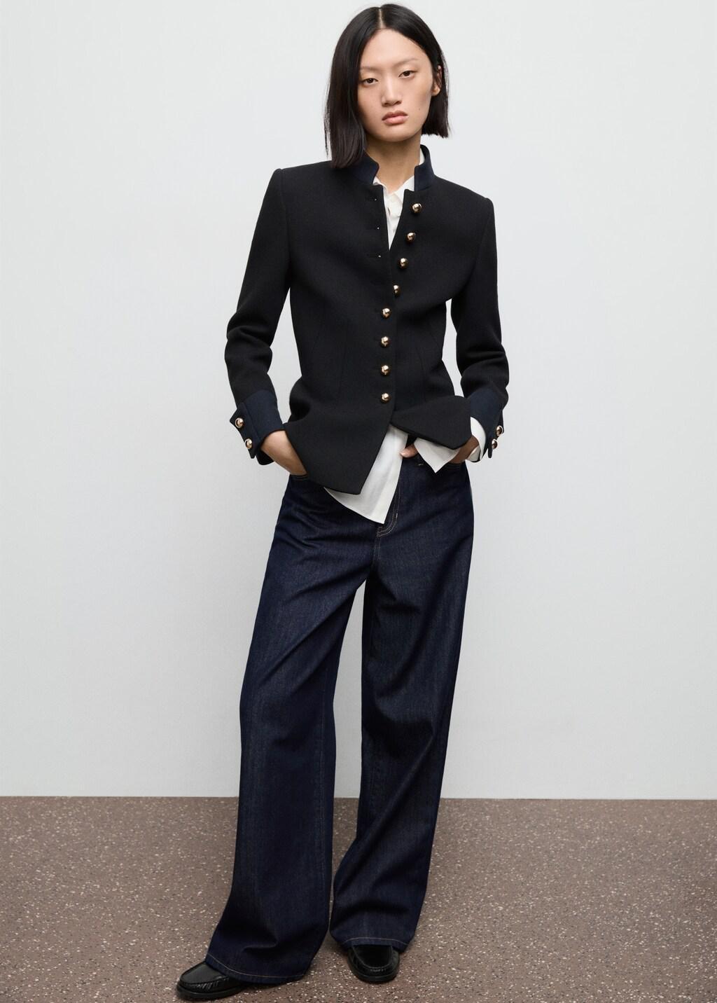 Black Fitted Jacket With Band Collar, Black, large image number 0