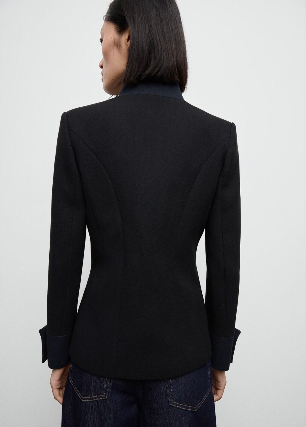 Black Fitted Jacket With Band Collar, Black, large image number 2