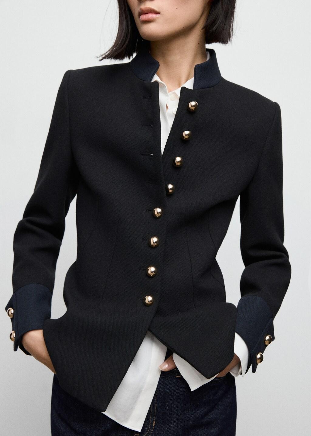 Black Fitted Jacket With Band Collar, Black, large image number 3