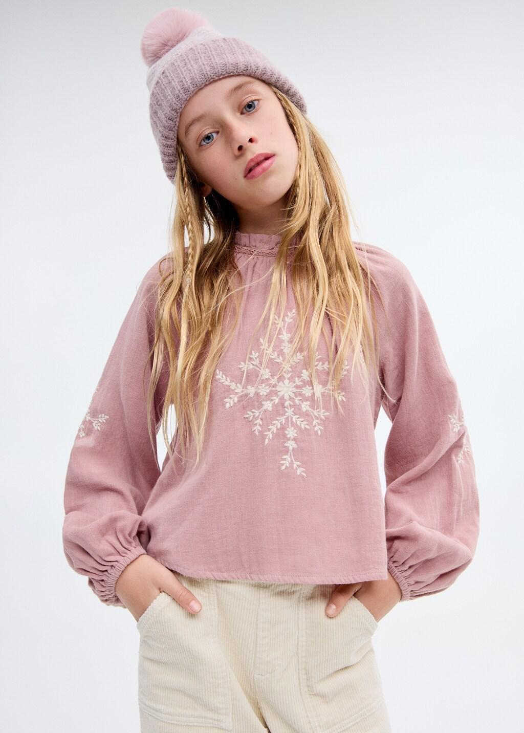 Pink Cotton Blouse With Floral Embroidery, Kids Girl, Pink, large image number 0
