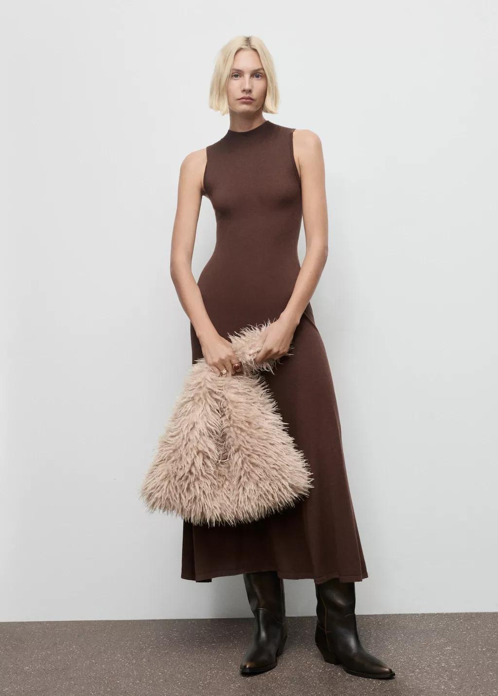 Brown Perkins-Neck Knitted Dress, 0201_32, medium