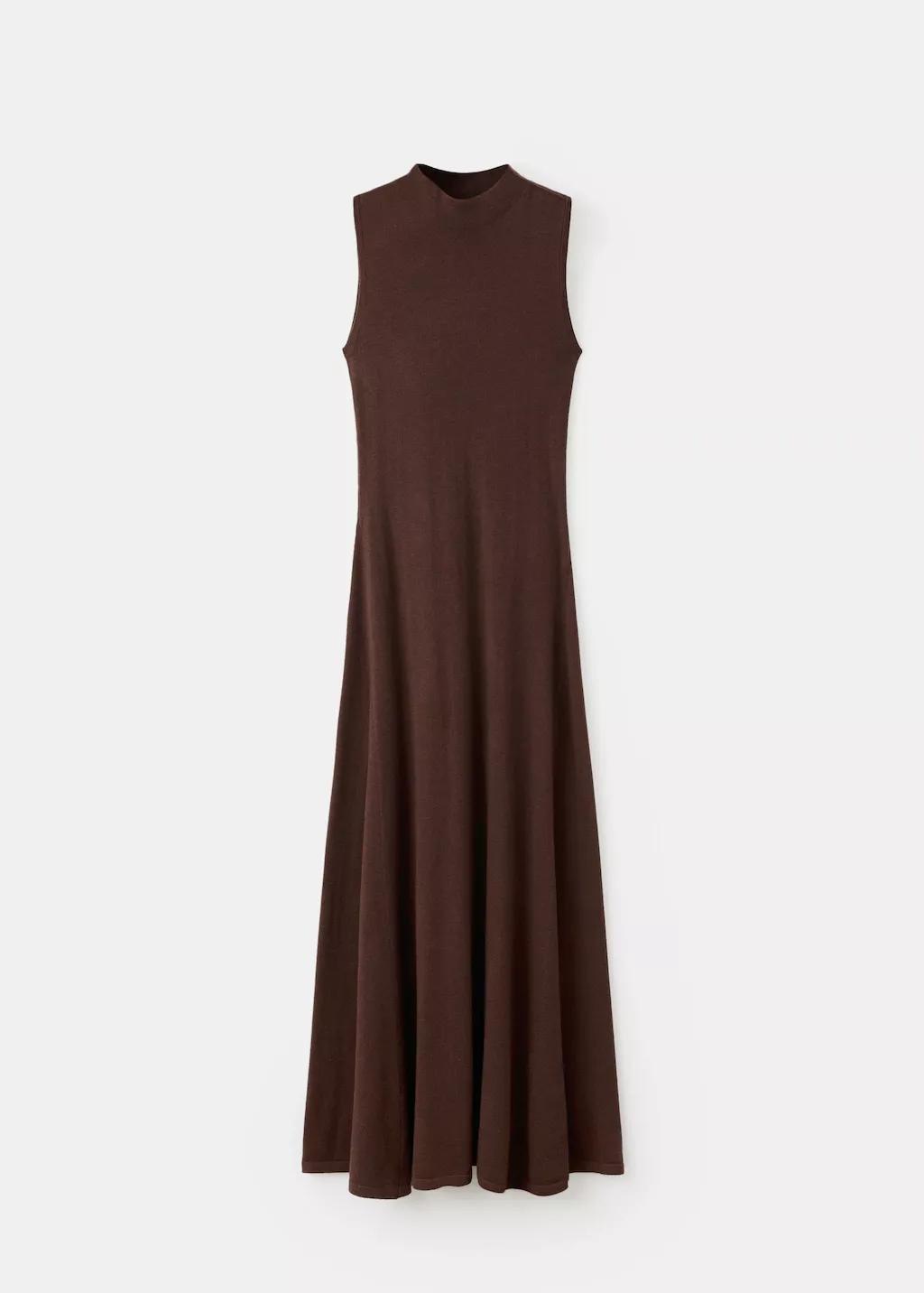 Brown Perkins-Neck Knitted Dress, Dark Brown, large image number 7