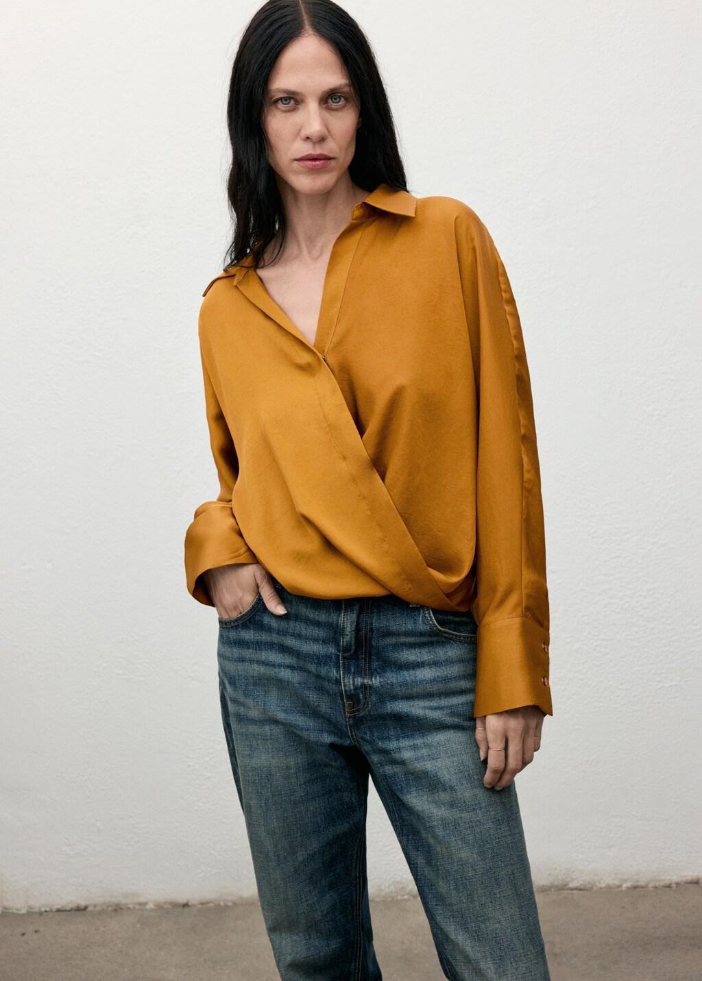 MEDIUM YELLOW Cross-over satin blouse, Medium Yellow, large image number 3