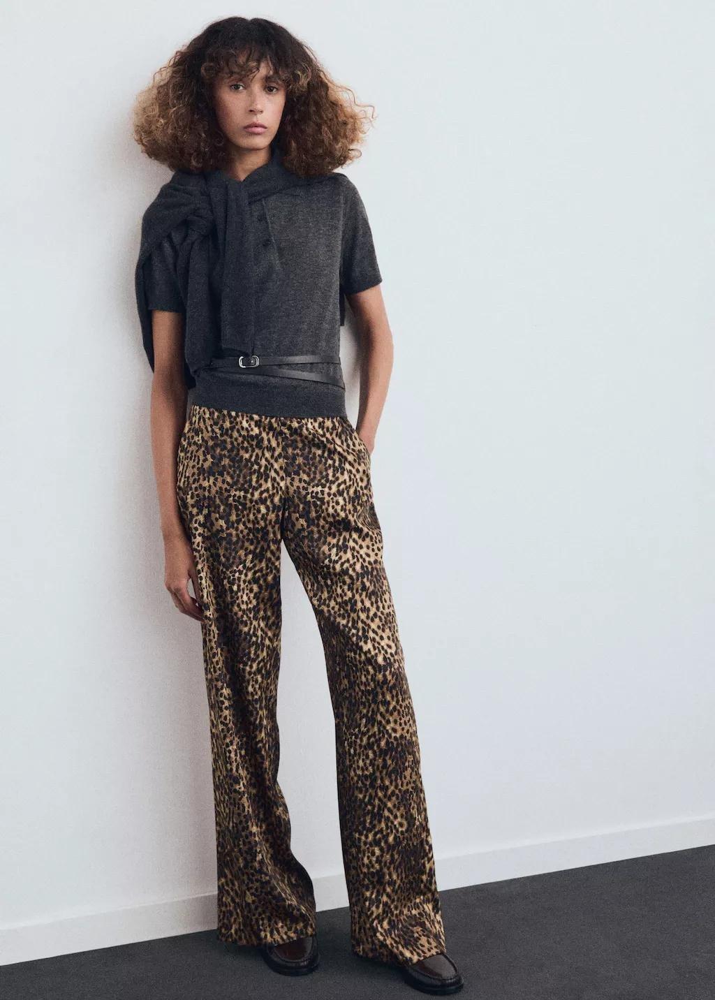 Brown Leopard-print satin trousers, Brown, medium