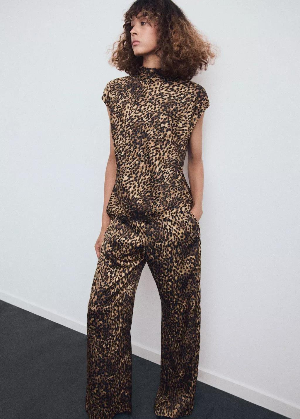 Brown Leopard-print satin trousers, Brown, large image number 4