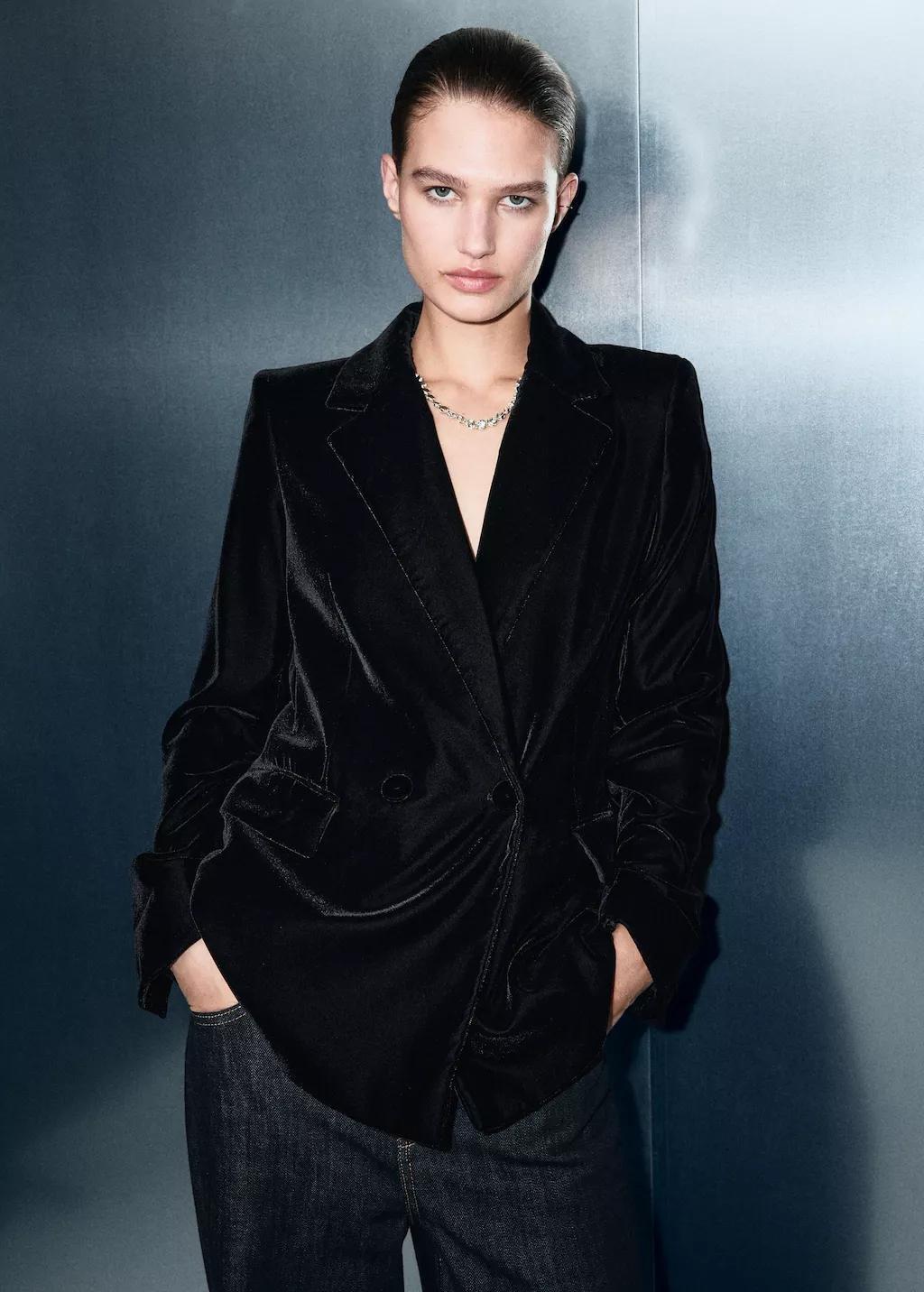 BLACK Double-breasted velvet jacket, 0201_99, large image number 3