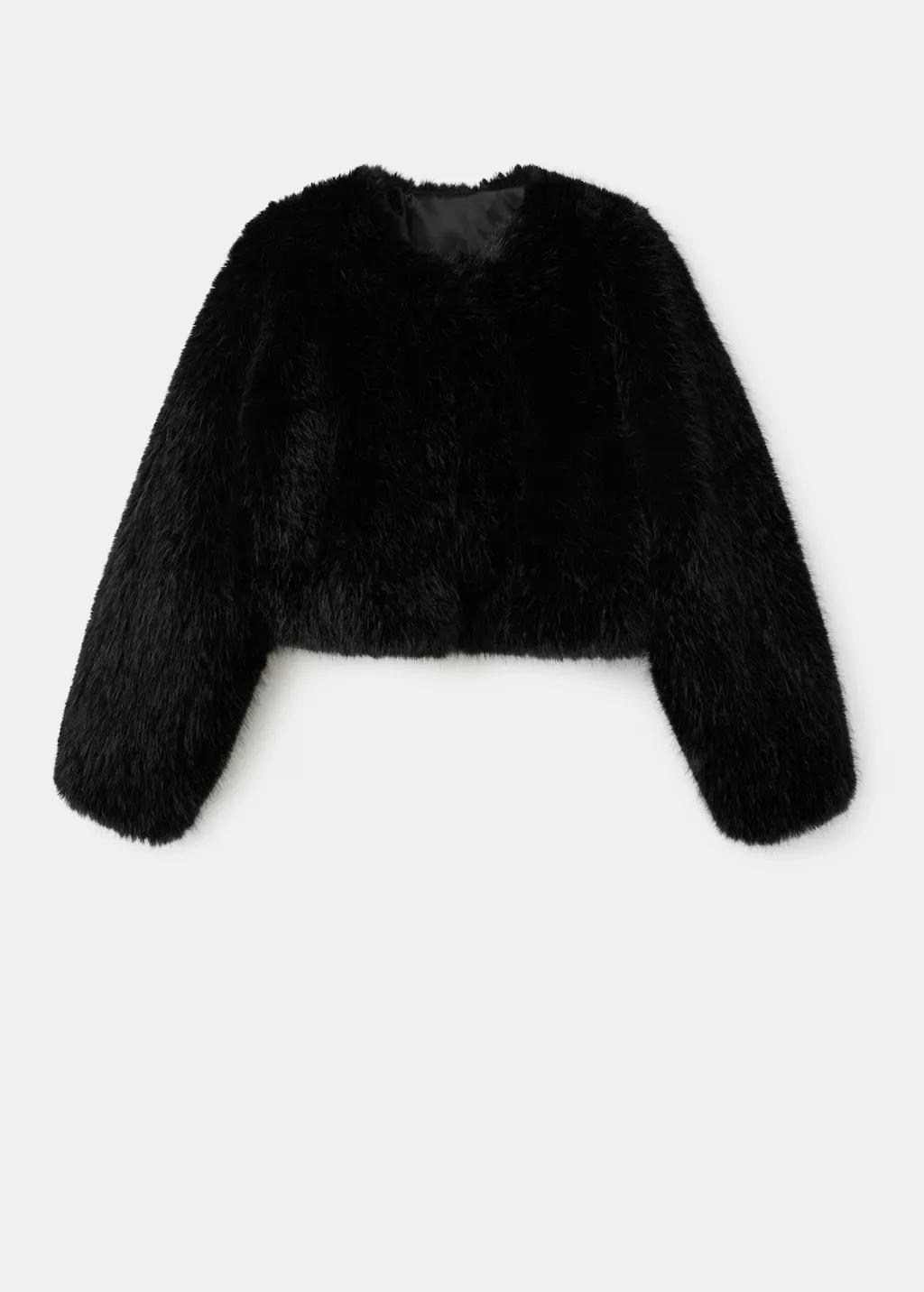 Black Faux-Fur Cropped Jacket, Black, large image number 6