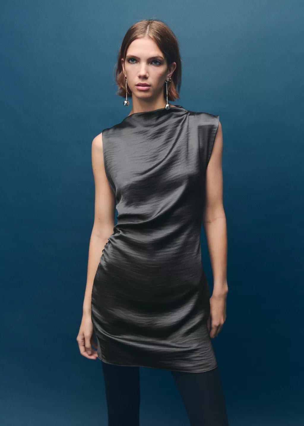 Grey Satin Dress With Creased Effect, Grey, large image number 3