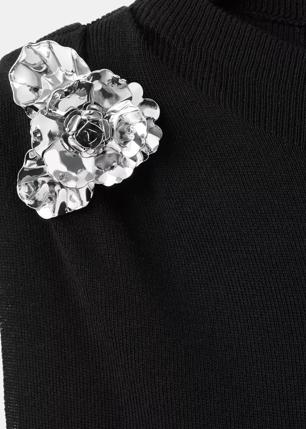 Black Knitted Top With Metallic Flower, Black, medium