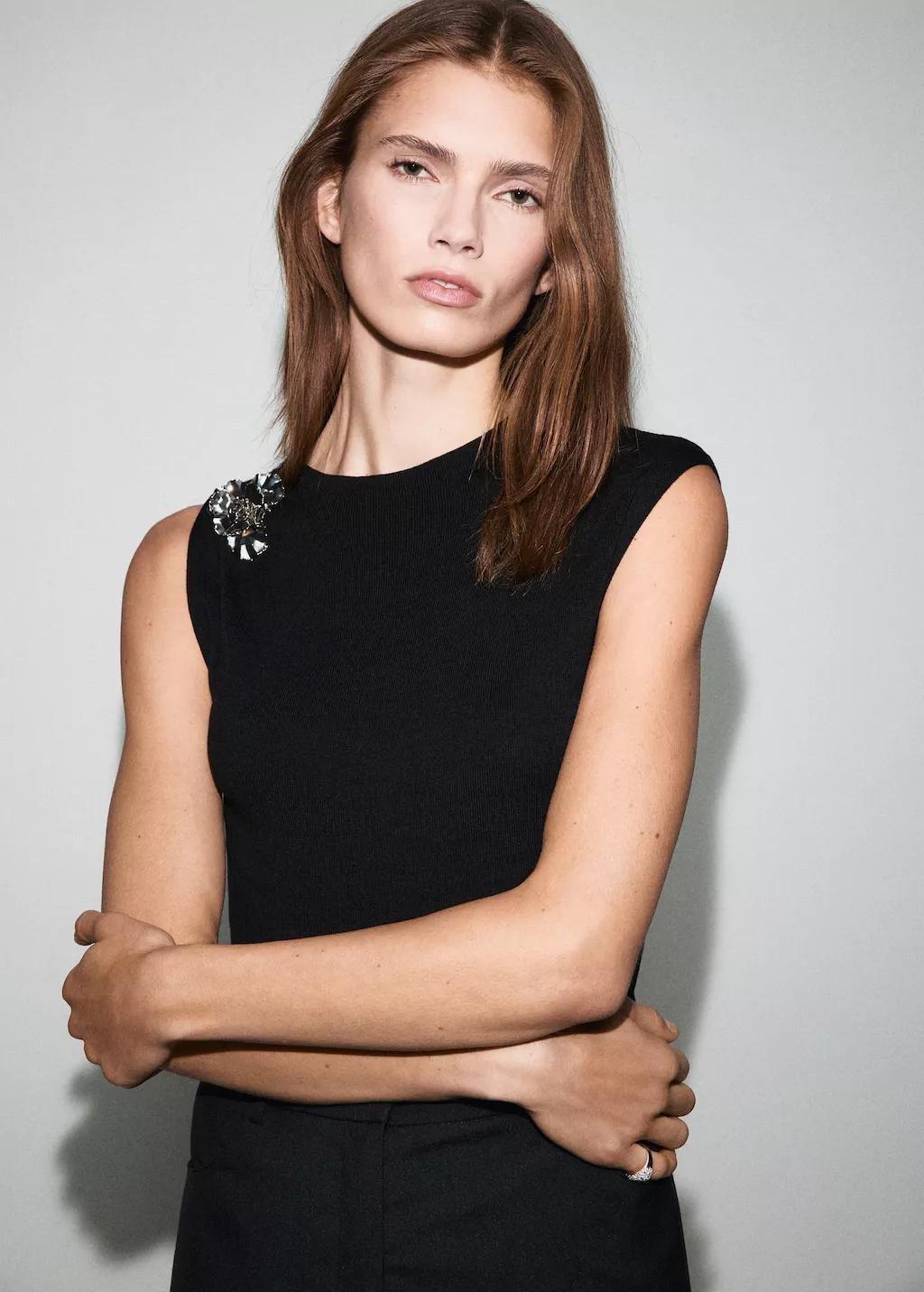 Black Knitted Top With Metallic Flower, Black, large image number 3