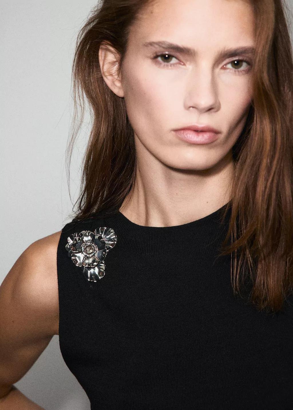 Black Knitted Top With Metallic Flower, Black, large image number 4