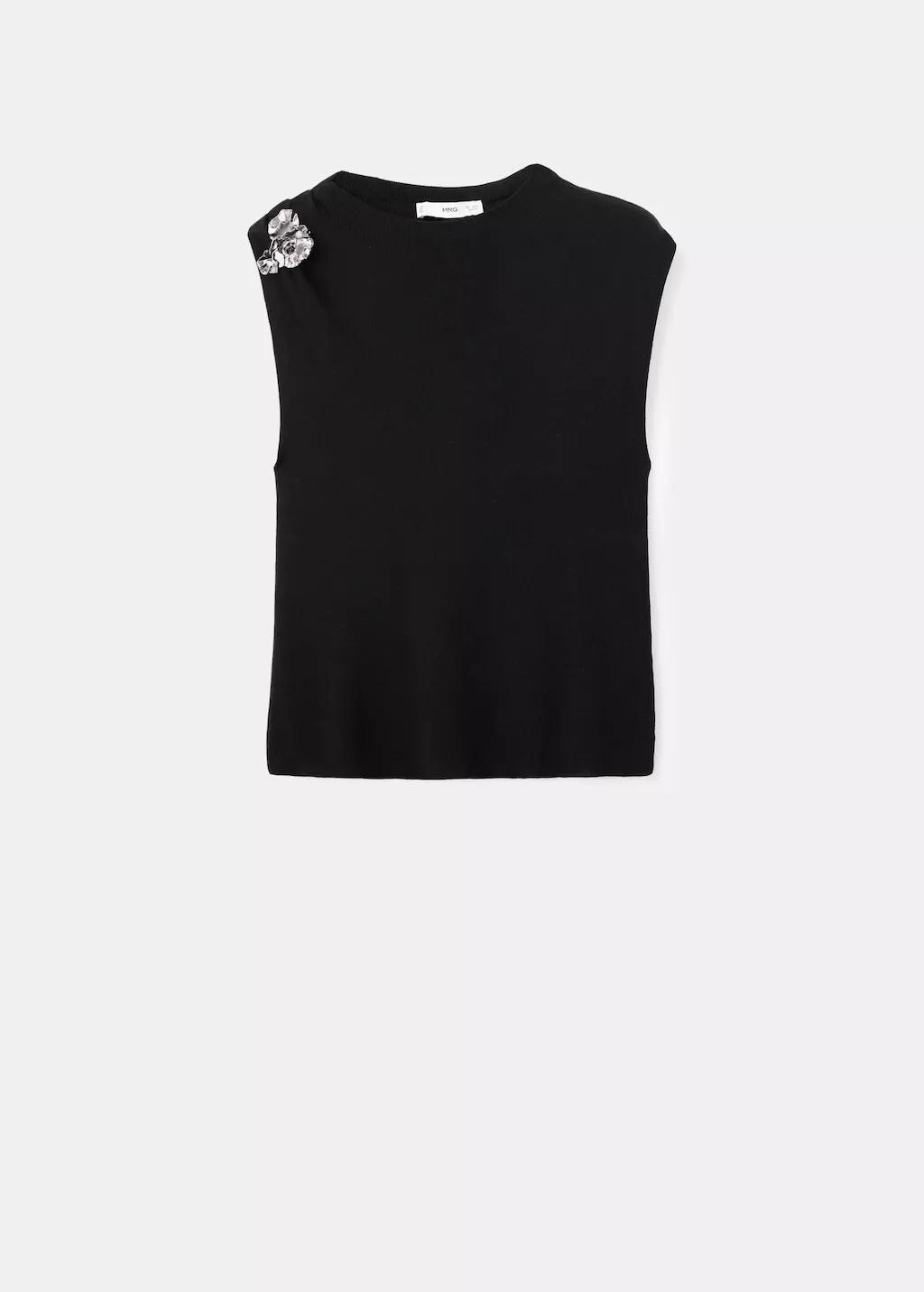 Black Knitted Top With Metallic Flower, Black, large image number 6