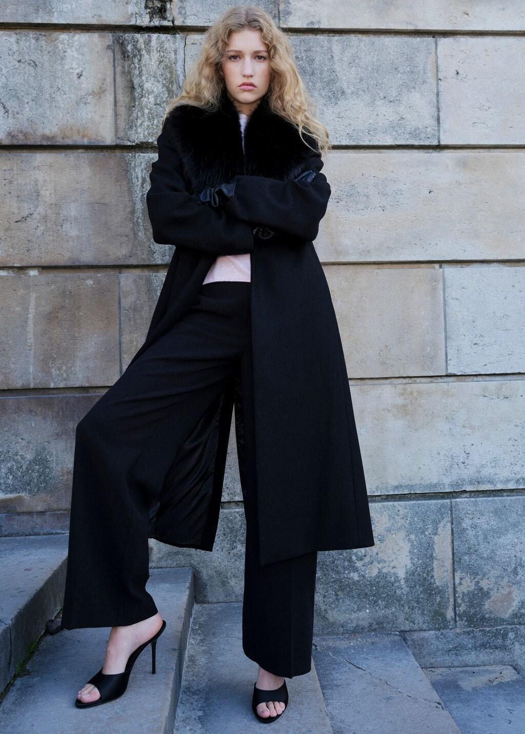 Black Manteco Wool Coat With Fur Collar, Black, medium