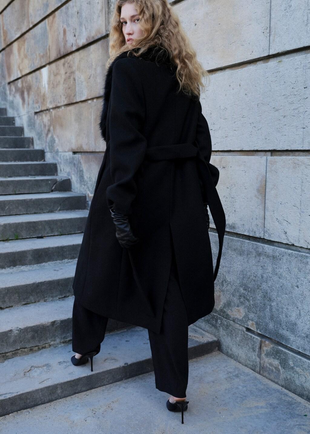 Black Manteco Wool Coat With Fur Collar, Black, medium