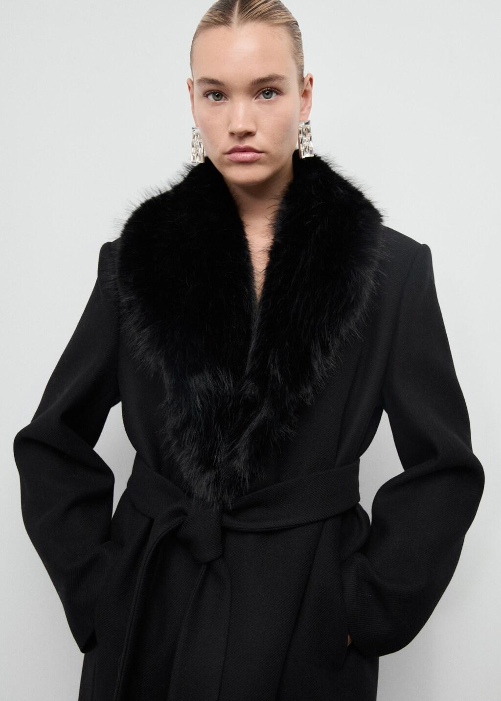 Black Manteco Wool Coat With Fur Collar, Black, large image number 5
