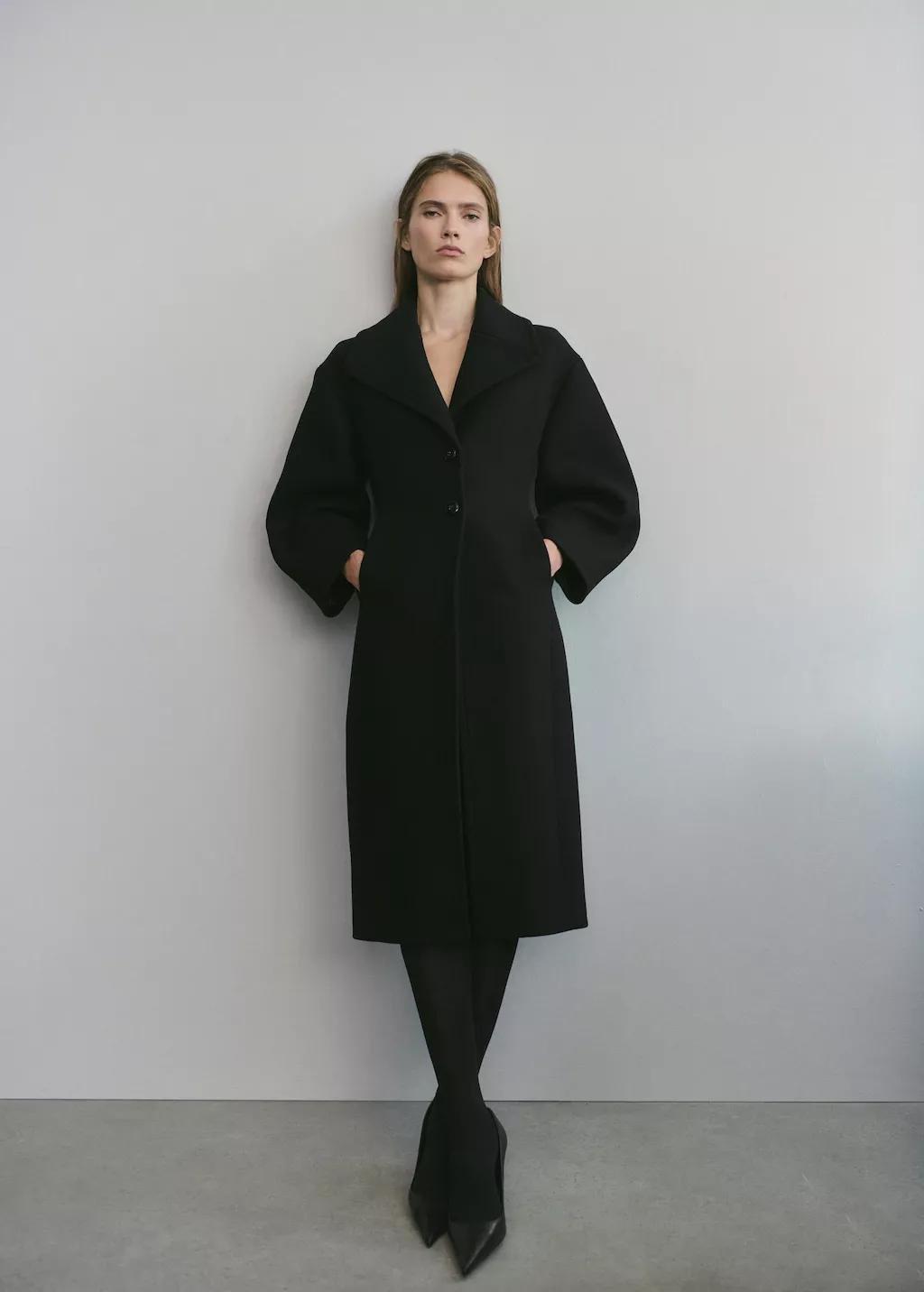 Black Structured Wool Coat, Black, large image number 0