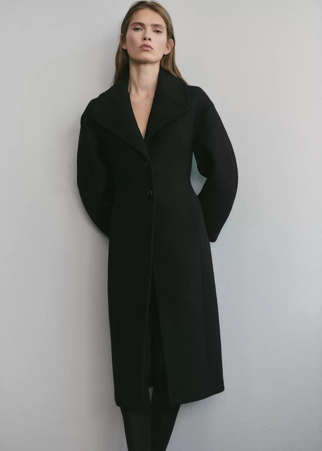 Black Structured Wool Coat, Black, large image number 3