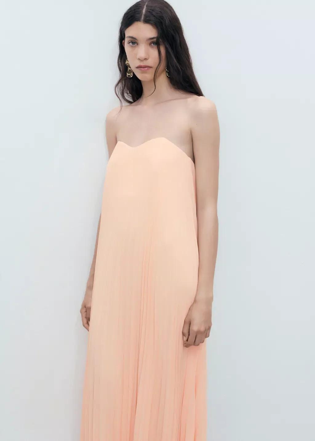 Orange Strapless Pleated Dress, , large image number 1