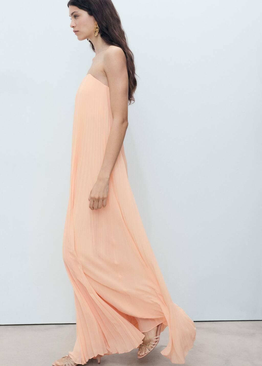 Orange Strapless Pleated Dress, , large image number 3