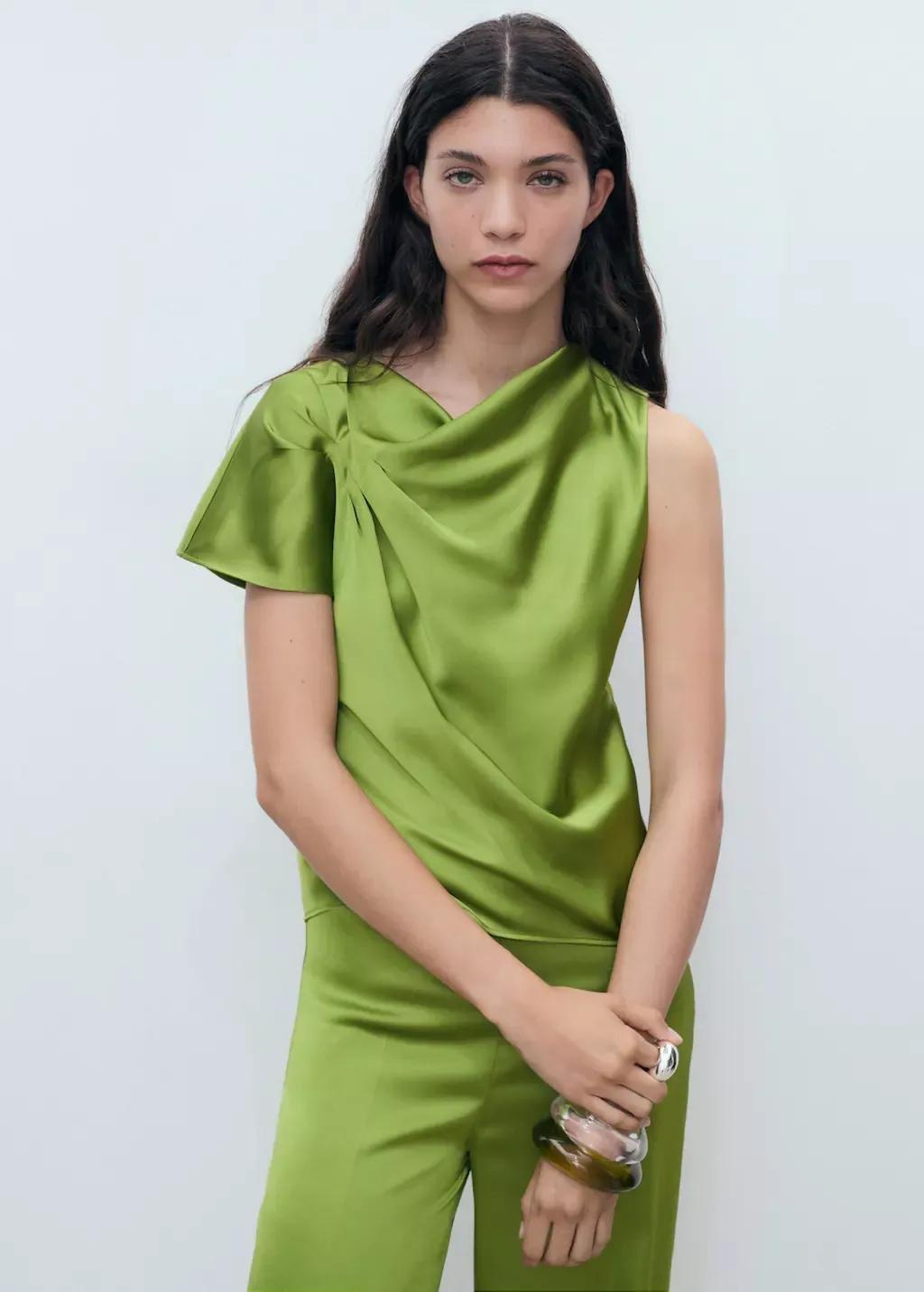 GREEN Satin shirt with draped detail, , large image number 1