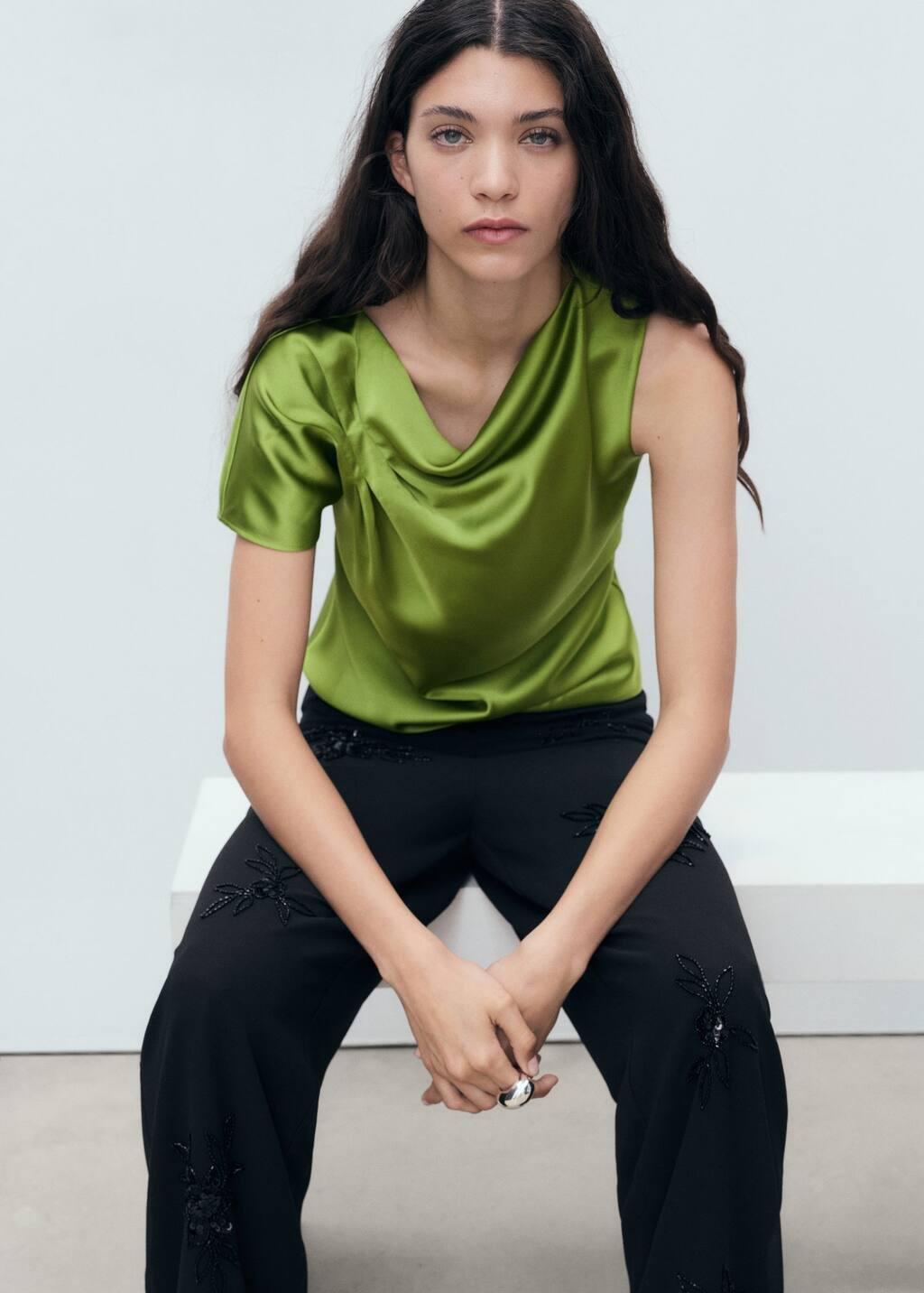 GREEN Satin shirt with draped detail, , large image number 3