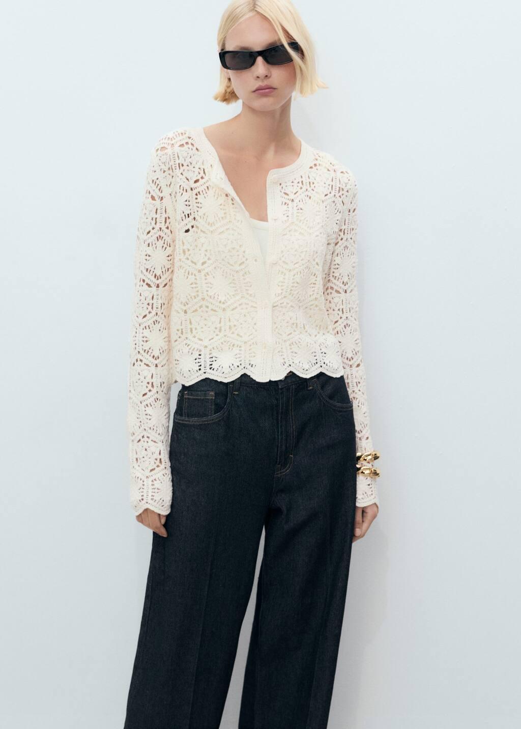 Beige Crochet Knitted Cardigan, , large image number 0