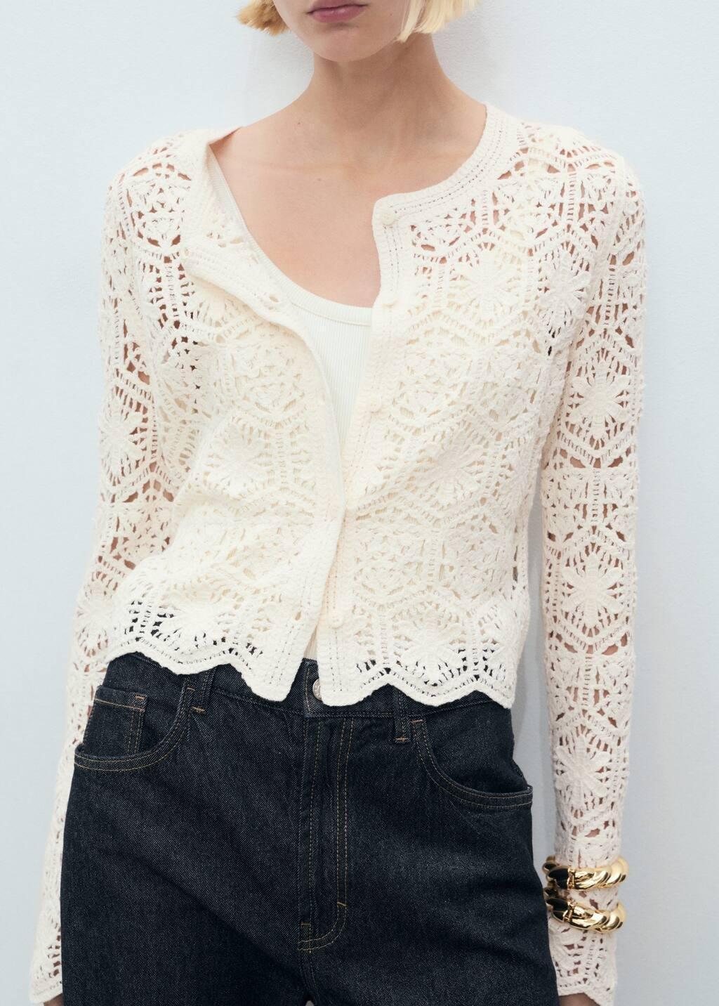 Beige Crochet Knitted Cardigan, , large image number 1