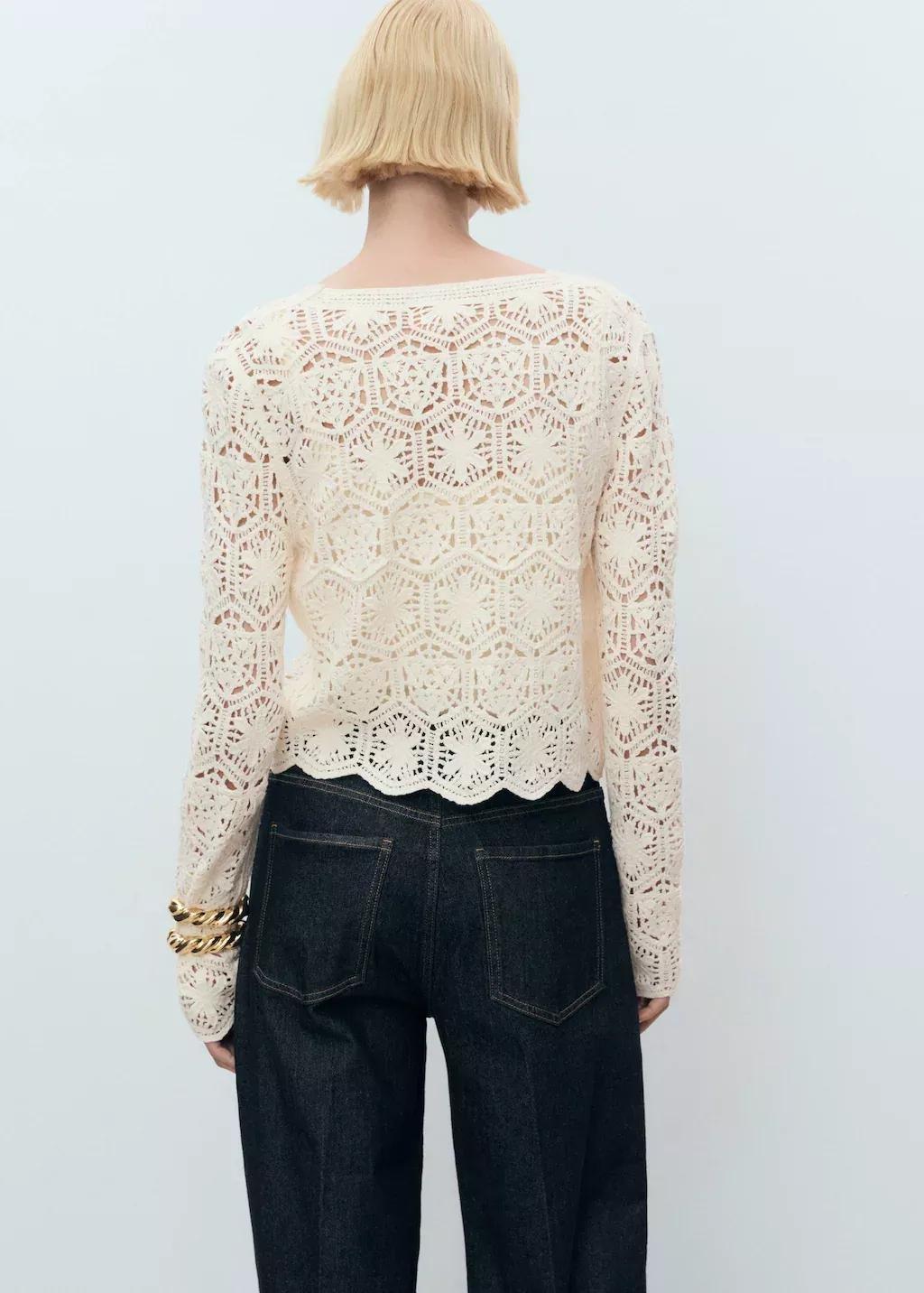 Beige Crochet Knitted Cardigan, , large image number 4