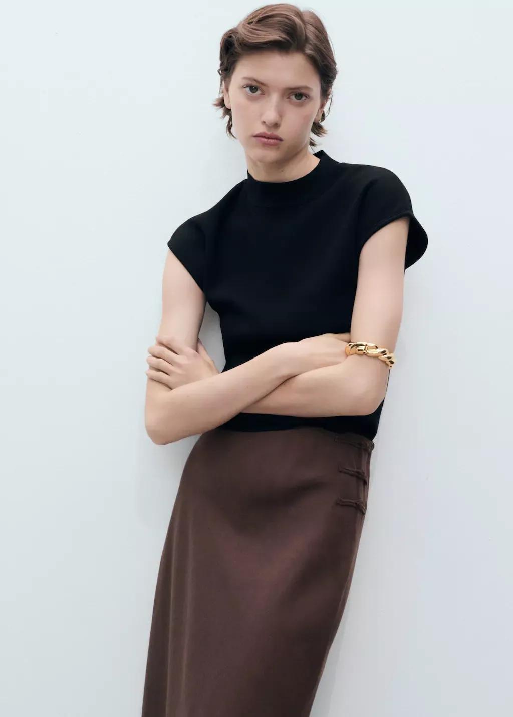 Brown Linen-Blend Straight Skirt, , large image number 1