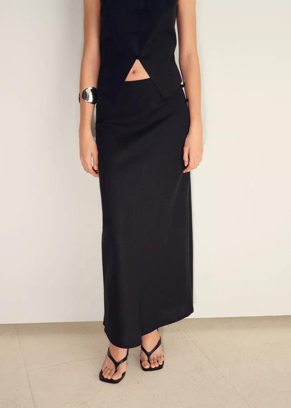 Black Linen-Blend Straight Skirt, , large image number 0