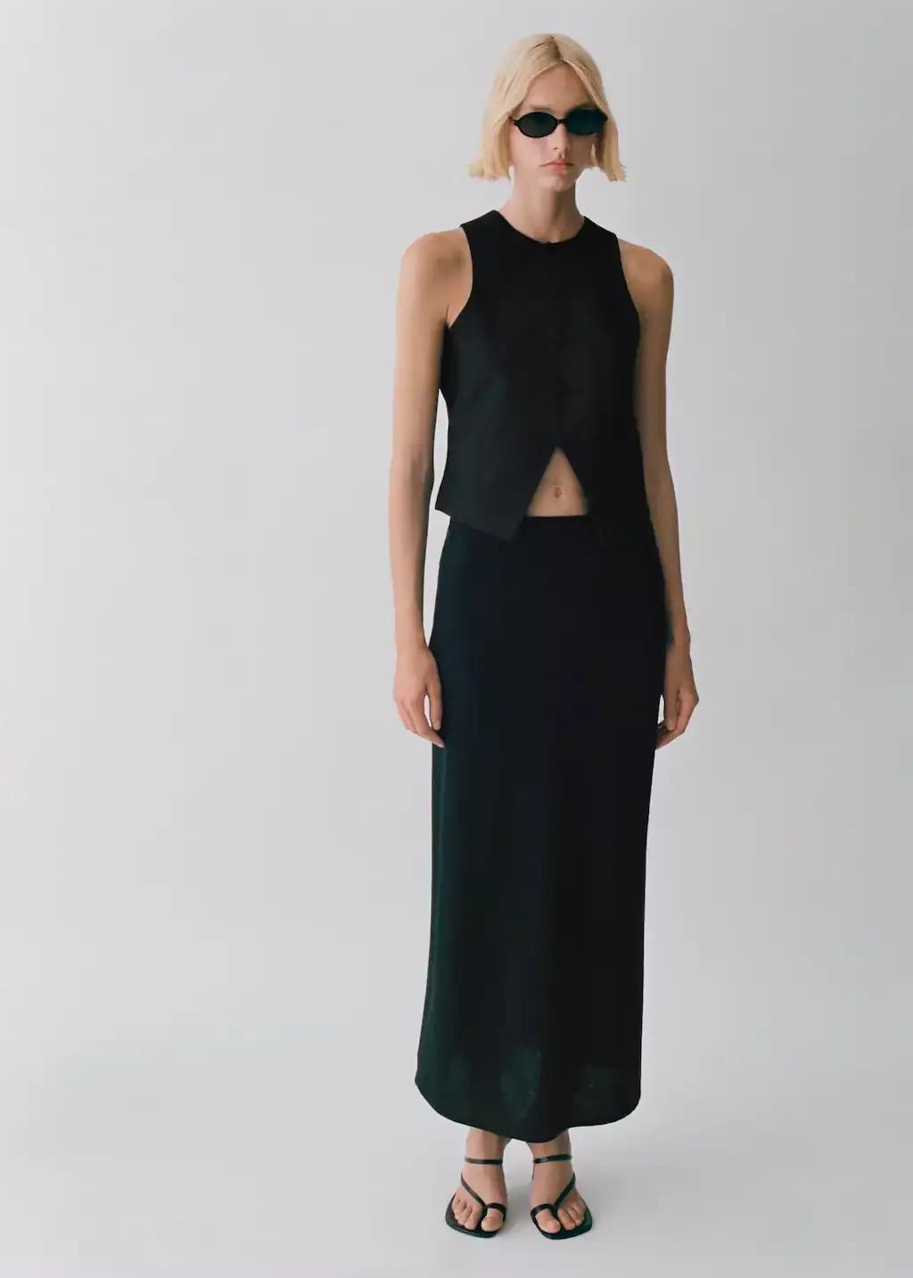 Black Linen-Blend Straight Skirt, , large image number 5