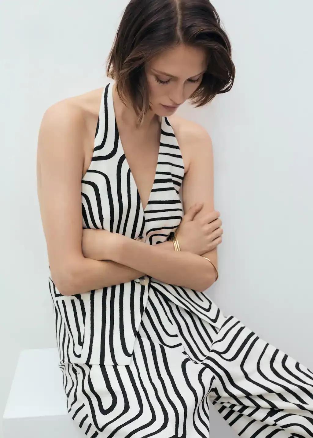 White Geometric-Print Linen Waistcoat, , large image number 0