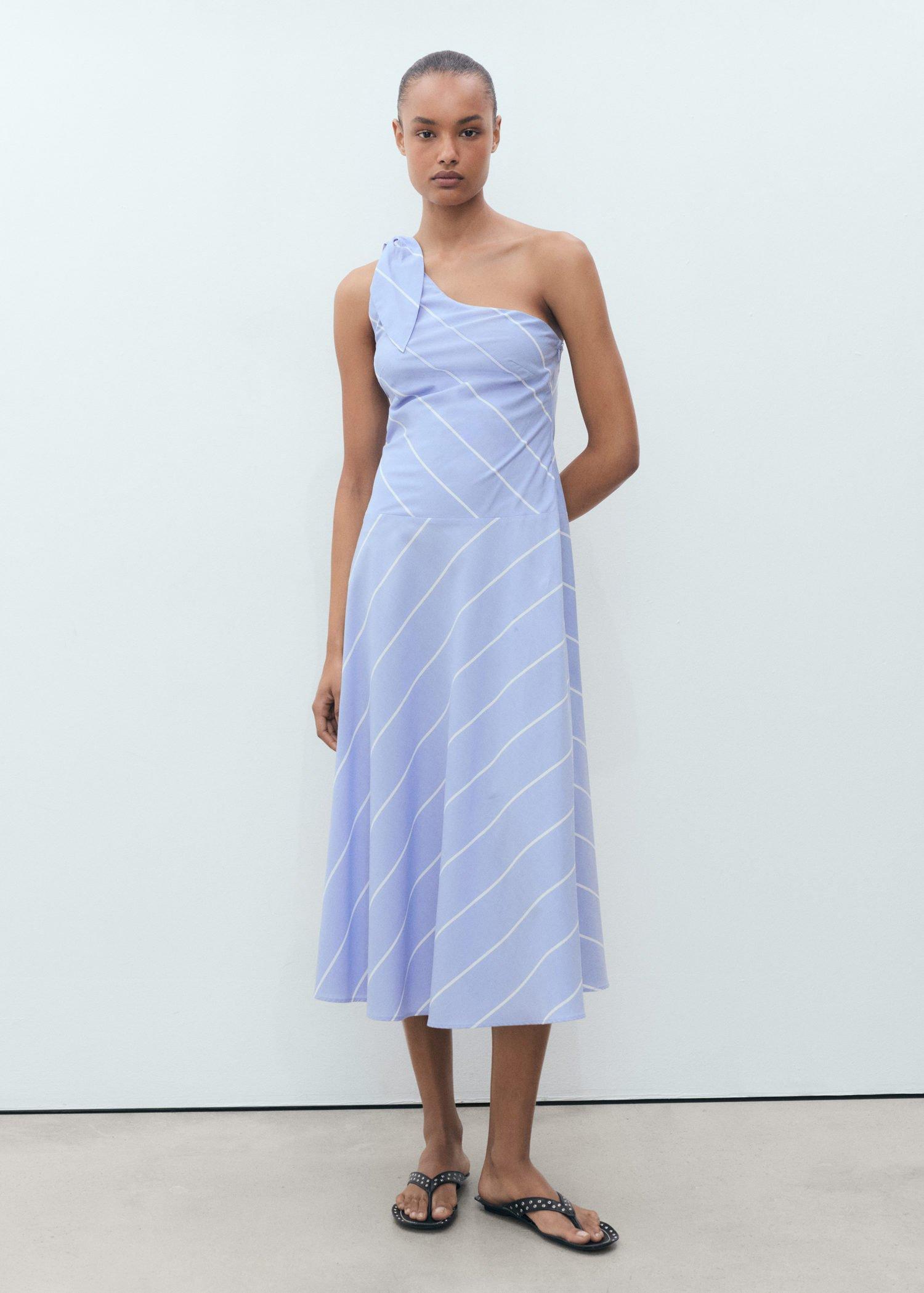 Blue Asymmetrical Striped Dress With Knot, , large image number 0