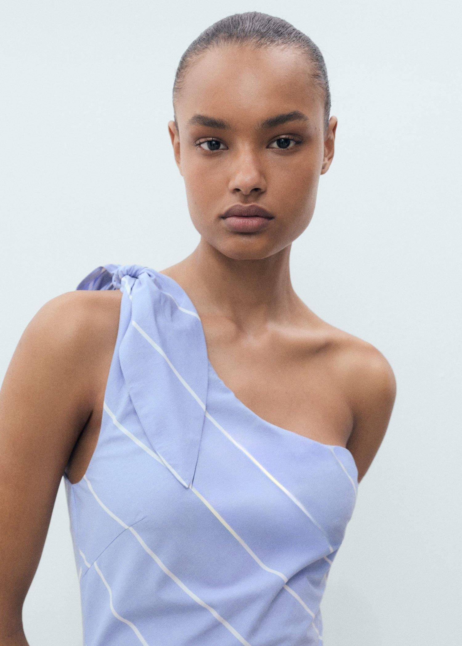 Blue Asymmetrical Striped Dress With Knot, , large image number 3