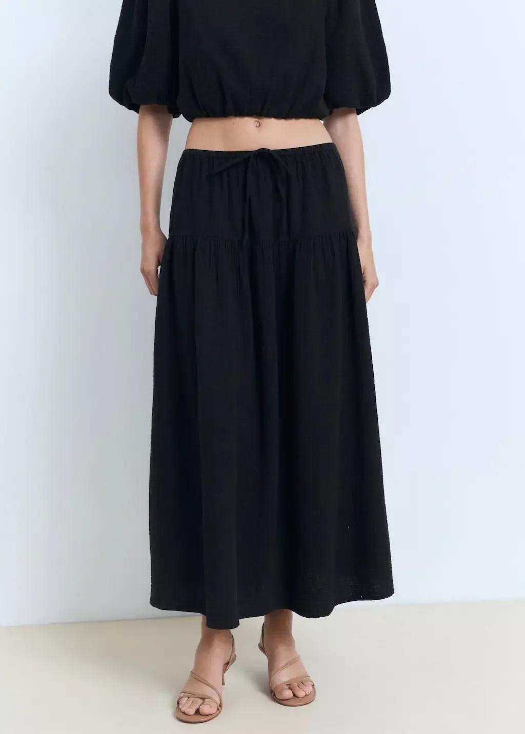 Black Cotton Drawstring Skirt, , large image number 0