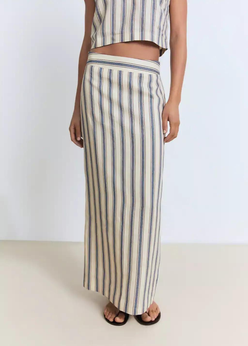 Cream Striped Linen Skirt, , large image number 0
