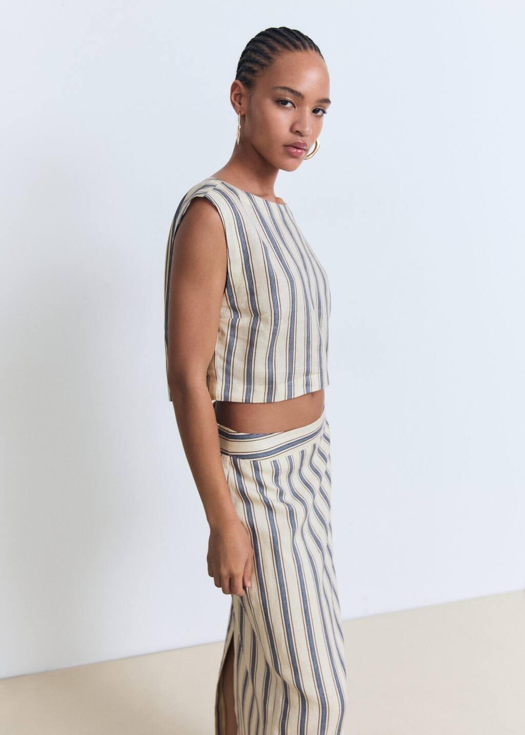 Cream Striped Linen Skirt, , large image number 1