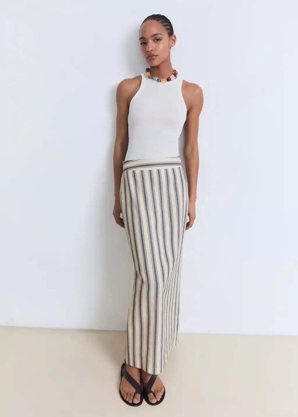 Cream Striped Linen Skirt, , large image number 2