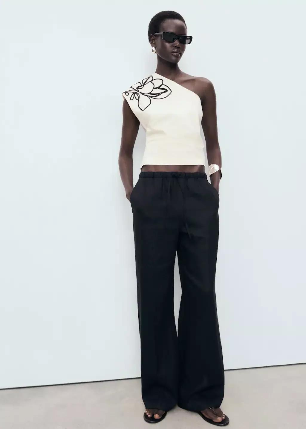 White Asymmetrical Flower-Embroidered Top, , large image number 2