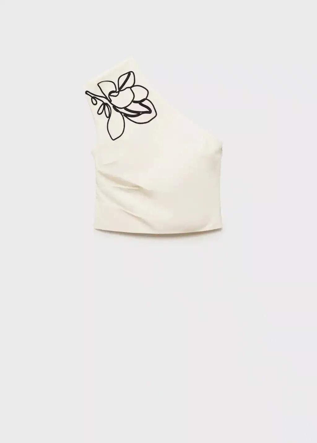 White Asymmetrical Flower-Embroidered Top, , large image number 3