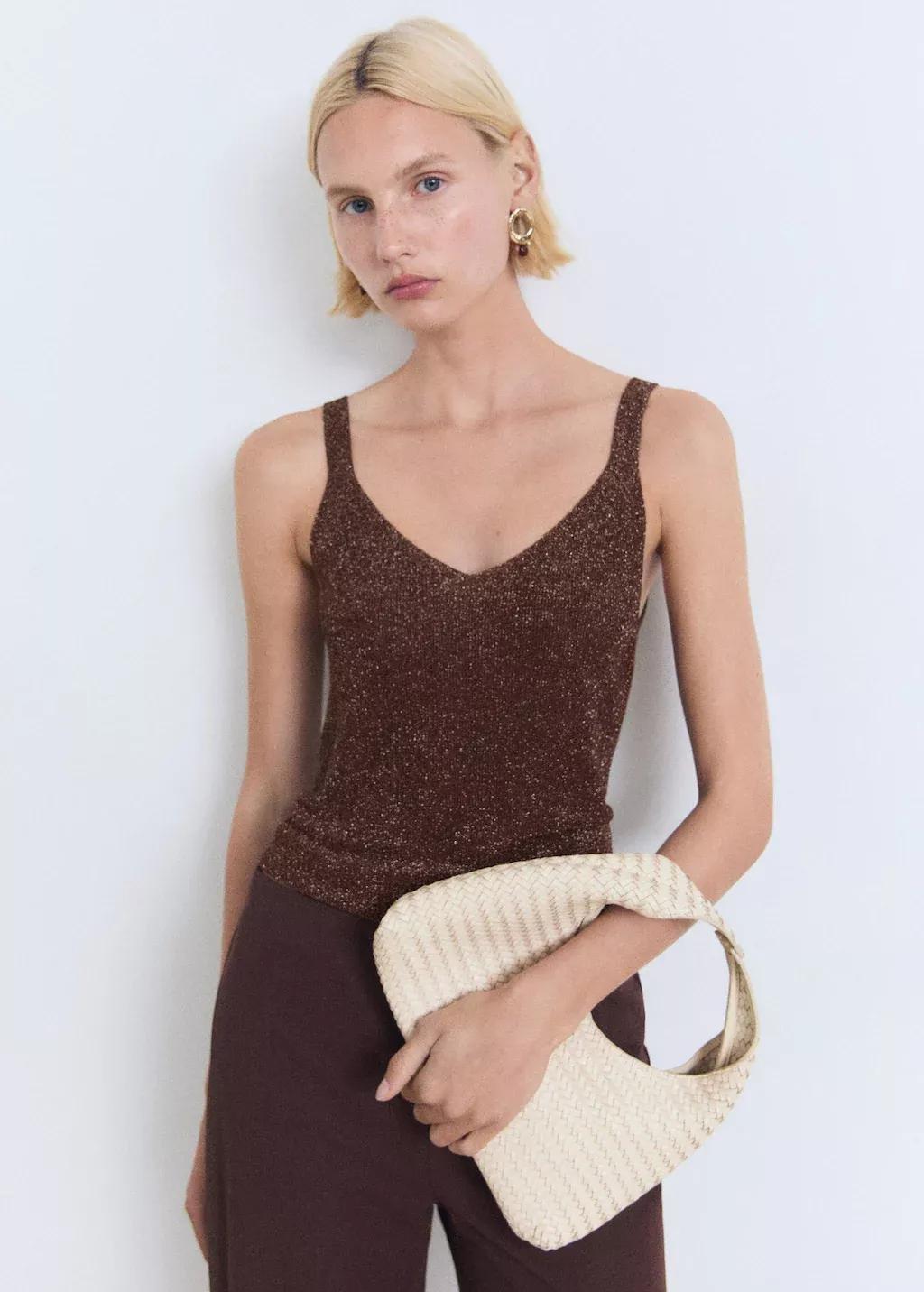 BROWN Lurex knitted V-neck top, , large image number 0