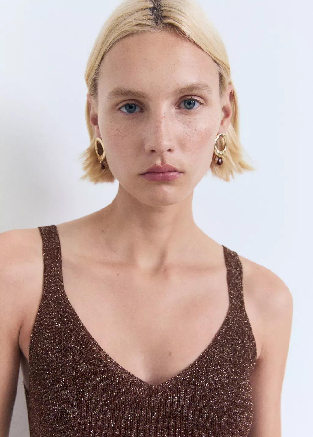 BROWN Lurex knitted V-neck top, , large image number 1